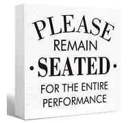 KOPUTE Funny Bathroom Wood Sign Please Remain Seated Wood Block Sign for Bathroom Shelf Toilet Restroom Home Tabletop Desk Decor,Farmhouse Bathroom Wooden Box Sign 5 x 5 Inches