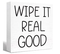 KOPUTE Funny Bathroom Wood Sign Wipe It Real Good Wood Block Sign for Bathroom Shelf Toilet Restroom Home Tabletop Desk Decor,Farmhouse Bathroom Wooden Box Sign 7 x 7 Inches