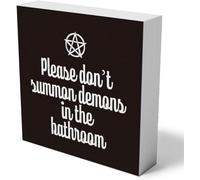 KOPUTE Funny Bathroom Wooden Box Sign Decorative Please Don't Summon Demons in the Bathroom Wood Box Sign Home Toilet Decor Rustic Square Decor Sign for Shelf 7 x 7 Inches