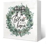 KOPUTE Funny Bless Our Home Sign Wood Box Desk Decor,Spring Botanical Eucalyptus Leaves Wooden Block Box Sign Decoration For Home Shelf Table Decor,Sage Green Decor 7 x 7 Inches