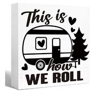 KOPUTE Funny Camping Wood Box Sign Rustic This is How We Roll Wood Block Sign Home RV Camper Decor,Camper for Inside,Camping Gifts 7 x 7 Inches