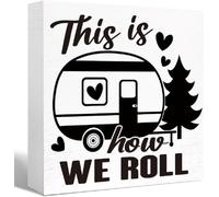 KOPUTE Funny Camping Wood Box Sign Rustic This is How We Roll Wood Block Sign Home RV Camper Decor,Camper for Inside,Camping Gifts 5 x 5 Inches
