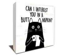 KOPUTE Funny Cat Bathroom Shelf Decor, Black And White Cat Bathroom Decor, Can I Interest You In A Napkin, Wood Box Sign Block Decor for Bathroom Shelf Tabletop Decor, 7 x 7 Inches