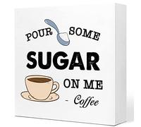 KOPUTE Funny Coffee Wooden Sign,Coffee Table Decor,Cafe Wood Sign,Coffee Bar Signs,Coffee Station Decor,Pour Some Sugar on Me Coffee Wooden Box Sign Desk Decor 5 x 5 Inches