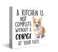 KOPUTE Funny Dog for the Home Wooden Box Sign, Dog Decor, A Kitchen Is Not Complete Without A Corgi At Your Feet, Dog Birthday, Shelf Table Decoration 5 x 5 Inches
