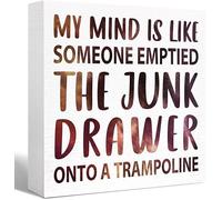 KOPUTE Funny Humorous Quote Wood Box Sign Brain is Like a Junk Drawer on a Trampoline Wooden Block Signs Fun ADHD Desk Decor for Home Office Bedroom Table Decor, 5 x 5 Inches