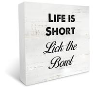 KOPUTE Funny Kitchen Wooden Box Sign Desk Decor Life is Short Lick The Bowl Wood Block Plaque Box Signs with Quotes Rustic Box Sign for Home Living Room Shelf Table Decoration 5 x 5 Inches