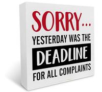 KOPUTE Funny Office Desk Wooden Sign Decor Yesterday was the Deadline for All Complaints Square Wood Sign Desk Decoration Wood Block Box Sign for Shelf Home Office es 5 x 5 Inches