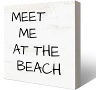 KOPUTE Funny Office Wood Box Sign Desk Decor-Wooden Sign for Home Office Cubicle Shelf-Beach Themed Wooden Box sign,Meet Me At The Beach,Beach House Gifts 5 x 5 Inches