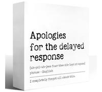 KOPUTE Funny Office Wooden Box Sign,Humor Office Desk Decor,Apologies for the Delayed Response Definition Wood Block Plaque Box Sign for Office Table Decor,Office Gifts 5 x 5 Inches
