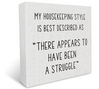 KOPUTE Funny Wooden Box Sign Decorative My Housekeeping Style There appears to Have been a Struggle Wood Box Sign Home Decor Humor Rustic Farmhouse Square Desk Sign for Shelf 5 x 5 Inches