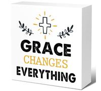 KOPUTE Gift of Christianity Wood Block Signs,Grace Changes Everything Wooden Box Sign for Home Shelf Office Tabletop Desk Decor,Funny Motivational Catholicism Gift for Man Wo Girls 5 x 5 Inches