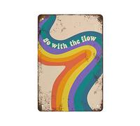KOPUTE Go With The Flow Print - Retro Rainbow, Psychedelic Rainbow, Retro Swirl, Hippie Wall Art,Retro Signs Home Decoration Gifts for Mom, Dad And Friends Metal Tin Sign 20X30cm