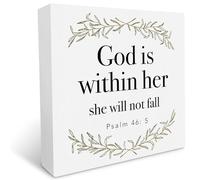 KOPUTE God is Within Her She Will Not Fall Rustic Wood Box Sign Desk Decor Inspirational Wooden Block Sign for Home Office Desk Shelf Decoration 7 x 7 Inches