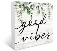KOPUTE Good Vibes Botanical Eucalyptus Leaves Wood Box Sign Desk Decor, Rustic Eucalyptus Leaves Wooden Block Box Sign Decoration For Home Office Shelf Table Decor 7 x 7 Inches