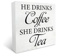 KOPUTE He Drinks Coffee She Drinks Tea Wooden Box Sign with Saying Desk Decor Farmhouse Kitchen Box Sign Wood Plaque Block Sign Rustic Home Decor 5 x 5 Inches