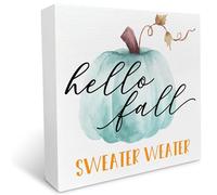 KOPUTE Hello Fall Table Wooden Box Sign Decor, Sweater Weather, Autumn Table Decor Fall Pumpkin Farmhouse Tabletop for Home Office Harvest Thanksgiving Rustic Desk Decor 7 x 7 Inches