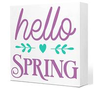 KOPUTE Hello Spring Desk Decor,Funny Spring Wood Sign Desk Deocr,Spring Wooden Block Plaque Box Sign for Farmhouse Home Dining Room Garden Shelf Tabletop Desk Decoration 7 x 7 Inches