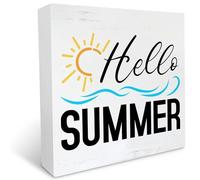 KOPUTE Hello Summer Wooden Box Sign Wood Block Tabletop Sign Summer Beach Decorative Desk Sign Home Shelf Decor 5 x 5 Inches
