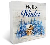 KOPUTE Hello Winter Wood Box Sign Rustic Wooden Box Sign Winter Country Farmhouse Home Office Desk Shelf Decor 7 x 7 Inches