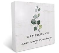 KOPUTE His Mercy are New Every Morning Christian Wood Box Sign Desk Decor,inspirational Bible Scripture Eucalyptus Wooden Block Plaque Sign for Home Bedroom Living Room 7 x 7 Inches