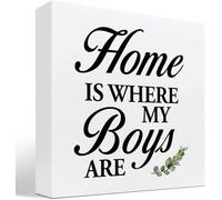 KOPUTE Home is Where My Boys Are Wood Box Sign Decor Desk Sign,Rustic Family Quote Box Block Sign for Farmhouse Home Shelf Table Decor 5 x 5 Inches