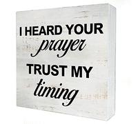 KOPUTE I Heard Your Prayer Trust My Timing Wooden Box Sign with Saying Desk Decor Motivational Box Sign Wood Plaque Block Sign Rustic Art Home Office Decor 7 x 7 Inches