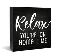 KOPUTE Inspiration Quote Sign, Relax You're On Home Time Sign Black Desk Decor, Funny Office Desk Decor, Inspirational Signs, Farmhouse Black Desk Decor Wooden Box Sign 7 x 7 Inches