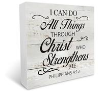 KOPUTE Inspirational Bible Verse I Can Do All Things Through Christ Wooden Box Sign Desk Decor Rustic Scripture Wood Block Plaque Box Sign for Home Living Room Office Decoration 5 x 5 Inches