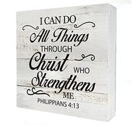 KOPUTE Inspirational Bible Verse I Can Do All Things Through Christ Wooden Box Sign Desk Decor Rustic Scripture Wood Block Plaque Box Sign for Office Shelf Table Decoration 5 x 5 Inches