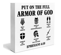 KOPUTE Inspirational Bible Verse Wooden Box Sign Christian Home Decor Ephesians 6:10 Scriptures Wood Sign Desk Decoration Put on the Full Armor of God Wood Block Plaque Box Sign 5 x 5 Inches