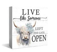 KOPUTE Inspirational Desk highland cow Decor Wooden Box Sign, Live Like Someone Cow Rustic Wood Block Plaque Box Sign Girls Room Shelf Table Decor 7 x 7 Inches
