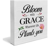 KOPUTE Inspirational Farmhouse Spring Bloom With Grace Wood Box Sign Decor Desk Sign Flowers Spring Quotes Wooden Box Block Sign Rustic Home Shelf Wall Decoration 7 x 7 Inches