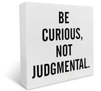KOPUTE Inspirational Quote Box Sign Home Decor Be Curious Not Judgtal Square Wood Sign Desk Decoration Wood Block Plaque Box Sign for Shelf Home Office 7 x 7 Inches