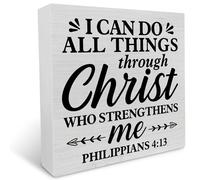 KOPUTE Inspirational Quote I Can Do All Things Through Bible Verse Decorative Wooden Box Sign Philippians 413 Scripture Wood Block Plaque Decor Farmhouse Christian Home Office 5 x 5 Inches