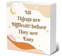 KOPUTE Inspirational Wood Block Sign,All Things are Difficult Before They are Easy Boho Motivational Wooden Block Sign for Home Bedroom Office Desk Table Decor,5 x 5 Inches