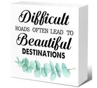 KOPUTE Inspirational Wood Block Signs,Difficult Roads Often Lead to Beautiful Destinations Wooden Box Sign for Home Shelf Office Tabletop Desk Decor,Funny Motivational Office Sign 5 x 5 Inches