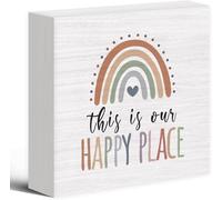 KOPUTE Inspirational Wood Box Sign Desk Decor, Nursery Kids Playroom Boho Rainbow Decor, This is Our Happy Place Wooden Block Sign Decor 7 x 7 Inches