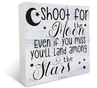 KOPUTE Inspirational Wood Sign, Shoot for the Moon Even If You Miss, You'll Land Among the Stars, Wood Box Sign Desk Decor, Warm Home Wall Decor Art, Nursery Room Decor 5 x 5 Inches