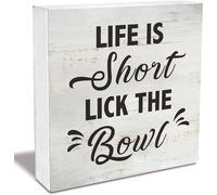 KOPUTE Kitchen Quote Life Is Short Lick The Bowl Wood Box Sign Rusitc Wooden Box Sign Farmhouse Home Kitchen Desk Shelf Decor 5 x 5 Inches
