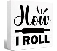 KOPUTE Kitchen Wood Box Signs,How I Roll Kitchen Wood Block Signs with Sayings for Kitchen Table Decor,Funny Kitchen Sign Decor for Shelf Counter 5 x 5 Inches