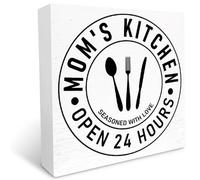 KOPUTE Kitchen Wood Box Signs,Mom's Kitchen Open 24 Hours Kitchen Wood Block Signs with Saying for Kitchen Table Decor,Funny Kitchen Sign Decor for Shelf Counter 7 x 7 Inches