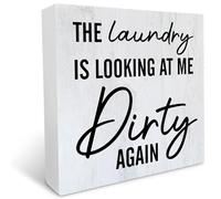 KOPUTE Laundry Room Wooden Box Sign Rustic Style Laundry is Looking at Me Dirty Wood Block Tabletop Sign Decorative Desk Sign Decor for Home Shelf 7 x 7 Inches