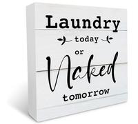 KOPUTE Laundry Today Or Naked Tomorrow Wooden Box Sign Rustic Laundry Sign Farmhouse Laundry Room Decor,Funny Wood Block Plaque Desk Decor Shelf Table Decoration for Bathroom 5 x 5 Inches