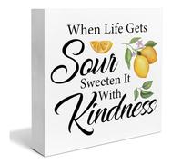 KOPUTE Lemon Wooden Box Sign House Decor When Life Gets Sour Sweeten It With Kindness Square Wood Sign Desk Decoration Summer Wood Block Box Sign for Shelf Home 7 x 7 Inches