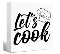 KOPUTE Let's Cook Wood Box Sign Decor Rustic Kitchen Wood Block Signs For Kitchen Shelf Counter Table Decor Funny Kitchen Sign Farmhouse Kitchen Sign Counter Decoration 5 x 5 Inches