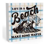 KOPUTE Life is A Beach Make Some Waves Wooden Box Sign, Rustic Funny Beach Theme House Bedroom Decor, Coastal Vibe Wood Box Sign for Home Office Shelf Table Decoration 5 x 5 Inches