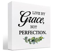 KOPUTE Live By Grace Not Perfection Rustic Wood Box Sign Decor Desk Sign,Prayer Religious Christian Wooden Box Block Sign for Christian Home Office Shelf Table Decor 5 x 5 Inches
