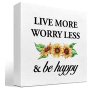 KOPUTE Live More Worry Less and Be Happy Sunflower Wood Block Sign Desk Decor,Rustic Inspirational Wooden Box Plaque Sign Desk Decor for Home Bedroom Living Room Office Shelf Table 7 x 7 Inches
