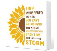 KOPUTE Motivational Spring Decor,They Whispered to Her You Can't Withstand the Storm Wooden Box Sign,Inspirational Quote Desk Decor,Spring Sunflower Sign,Funny Spring Sign 5 x 5 Inches